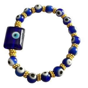 Chic Blue Eye Bracelet with Gold Beads